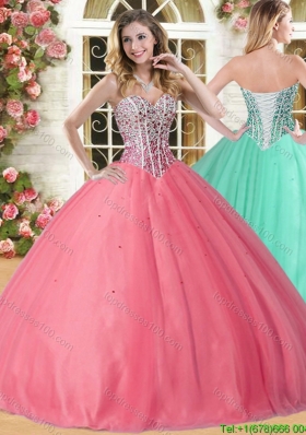 Lovely Beaded Coral Red Sweet 16 Dress in Tulle for Spring