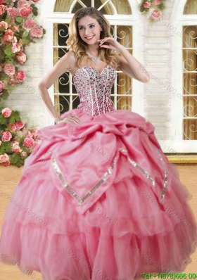 Lovely Coral Red Big Puffy Quinceanera Dress with Beading and Pick Ups