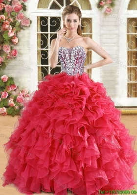 Romantic Beaded and Ruffled Organza Quinceanera Dress in Red