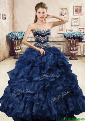 Unique Beaded and Ruffled Organza Quinceanera Dress in Navy Blue