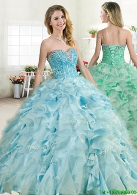 Elegant Beaded and Ruffled Quinceanera Dress in Baby Blue