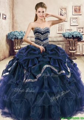 Modest Navy Blue Organza Quinceanera Dress with Beading and Pick Ups