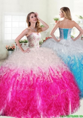 Unique Hot Pink and White Quinceanera Dress with Beading and Ruffles