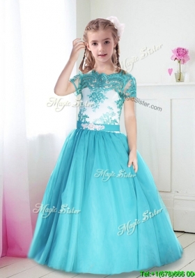 Best Scoop Short Sleeves Turquoise Girls Party Dress with Lace and Belt