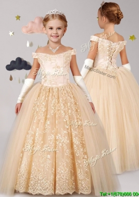 Classical Off the Shoulder Cap Sleeves Champagne Little Girl Pageant Dress with Lace