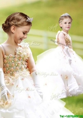 Gorgeous Asymmetrical Neckline Flower Girl Dress with Hand Made Flowers and Ruffled Layers