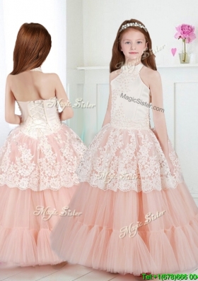 Lovely Halter Top Girls Party Dress with Beading and Lace