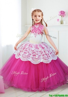 Popular Halter Top Laced and Beaded Girls Party Dress in Hot Pink