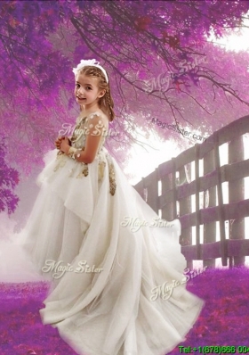 See Through Scoop Long Sleeves Applique Flower Girl Dress with Court Train