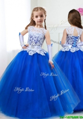 See Through Scoop Royal Blue Little Girl Pageant Dress with Lace and Belt