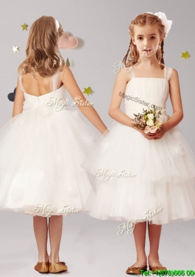 Simple Straps Applique and Ruffled Layers Flower Girl Dress in White