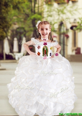 Top Selling Spaghetti Straps White Girls Party Dress with Appliques and Ruffles