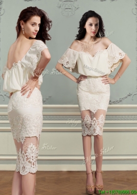 Elegant Off the Shoulder Short Sleeves Lace Prom Dress in Champagne