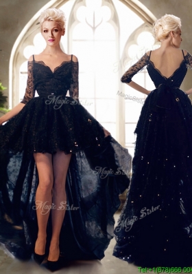 Wonderful Spaghetti Straps Half Sleeves High Low Prom Dress with Beading and Lace