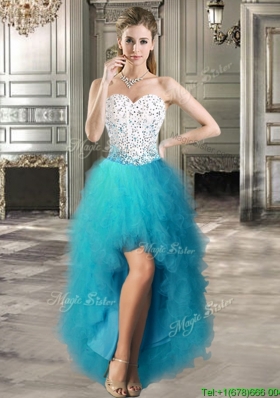 Lovely Teal and White Prom Dress with Beading and Ruffles