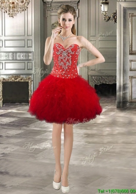 Low Price Red Tulle Short Prom Dress with Beading and Ruffles