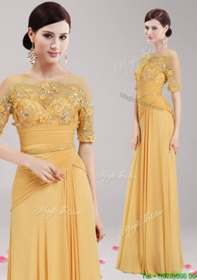 See Through Scoop Half Sleeves Gold Prom Dress with Appliques and Belt