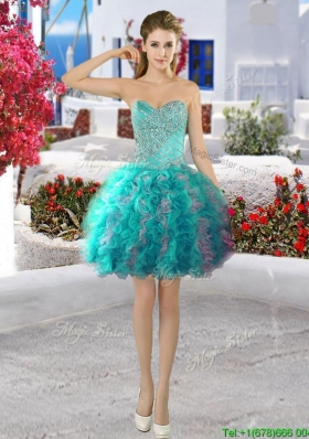Simple Turquoise and Grey Short Prom Dress with Beading and Ruffles