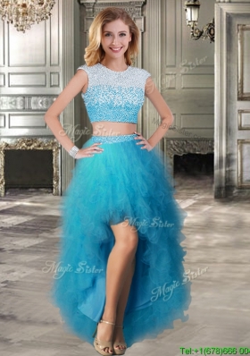 Two Piece Scoop Cap Sleeves Prom Dress with Beading and Ruffles