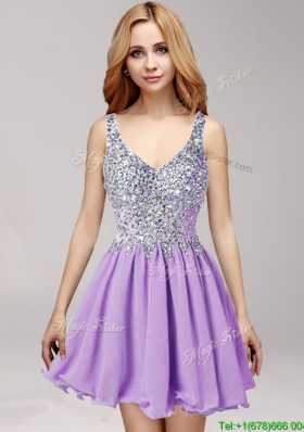 Beautiful Straps Beaded and Ruffled Short Prom Dress in Lilac