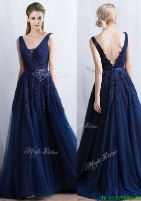 Cheap Applique and Belted Navy Blue Prom Dress with Brush Train