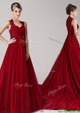 Classical Straps Applique Wine Red Evening Dress with Court Train