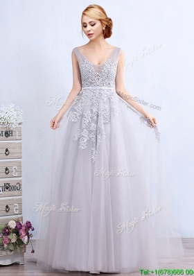 Elegant V Neck Brush Train Grey Evening Dress with Appliques and Belt