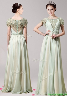 Lovely Scoop Short Sleeves Appliques Evening Dress in Apple Green for Spring