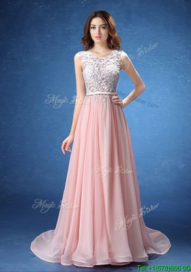 Pretty Scoop Baby Pink Chiffon Evening Dress with Lace and Belt