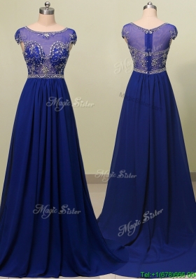 See Through Scoop Cap Sleeves Beading Prom Dress in Royal Blue