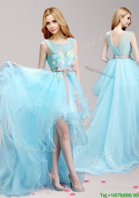 See Through Scoop High Low Prom Dress with Appliques and Bowknot