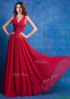 Sexy Deep V Neckline Red Chiffon Evening Dress with Appliques