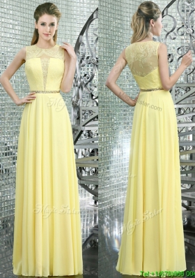 Simple Scoop Yellow Chiffon Prom Dress with Lace and Beading
