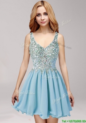 Simple Straps Ruffled and Beaded Chiffon Prom Dress in Baby Blue