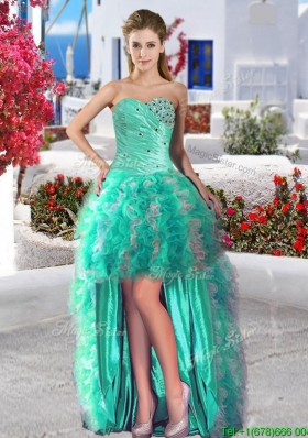Classical High Low Turquoise and White Prom Dress with Beading and Ruffles