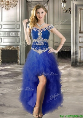 Perfect Off the Shoulder Cap Sleeves Prom Dress with Beading and Ruffles