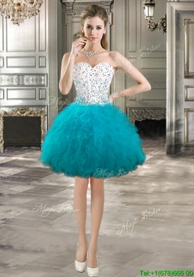 Perfect Teal and White Short Prom Dress with Beading and Ruffles
