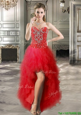 Top Selling Beaded and Ruffled Tulle Prom Dress in Red