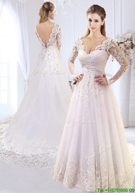 Classical Brush Train V Neck Wedding Dress with Appliques and Lace