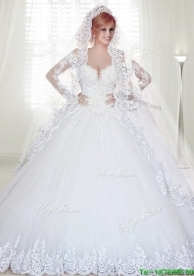 Elegant Chapel Train Long Sleeves Wedding Dress with Appliques and Beading