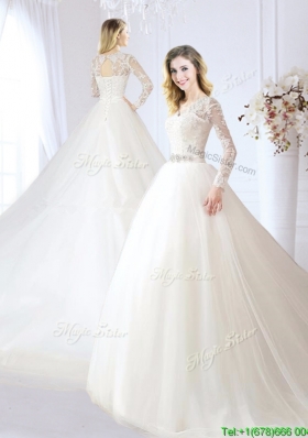 Pretty V Neck Beaded and Laced Wedding Dress with Chapel Train