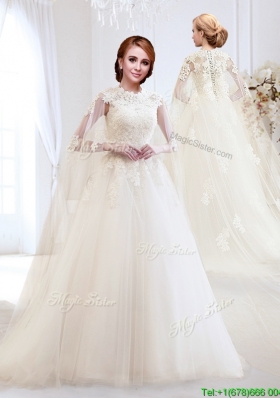 Beautiful A Line Brush Train Wedding Dress with Appliques for 2016