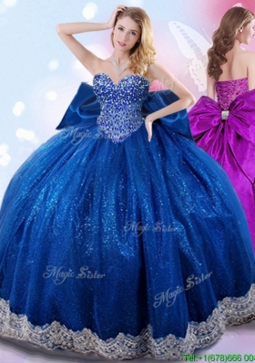 2017 Exclusive Beaded Bodice and Bowknot Quinceanera Dress in Royal Blue