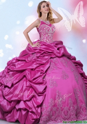 2017 Unique Halter Top Beaded and Pick Ups Quinceanera Dress in Fuchsia