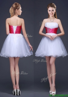 2017 Best Selling Beaded and Red Belted Short Prom Dress in White