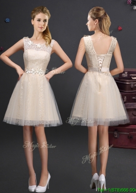 2017 Fashionable Scoop Champagne Prom Dress with Lace and Belt