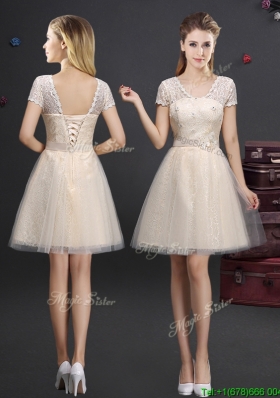 2017 Popular Laced Short Sleeves Champagne Prom Dress in Tulle