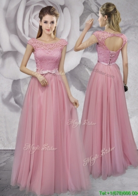 Gorgeous Scoop Cap Sleeves Laced Prom Dress in Pink