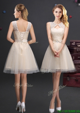 Hot Sale Scoop Laced and Applique Champagne Prom Dress