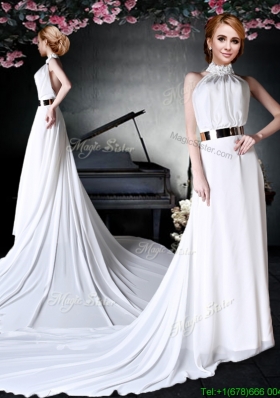 2017 Beautiful Applique Decorated Halter Top White Prom Dress in Chiffon